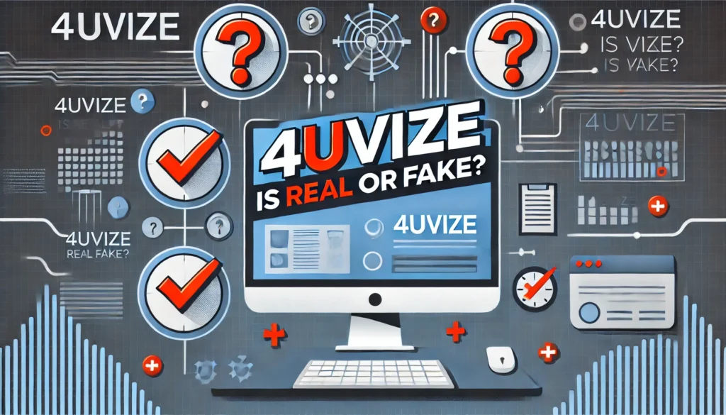 A featured image for the article titled "4uvize is real or fake?" with a modern digital theme. The design includes question marks, a computer screen, checkmarks, and red crosses, symbolizing inquiry and verification. The heading is bold and centered, with contrasting shades of blue and gray for a professional tone. Title: Featured Image for "4uvize is Real or Fake?" Caption: Investigating the authenticity of 4uvize – is it real or fake? Description: This featured image for the article "4uvize is real or fake?" visually communicates the theme of verification and inquiry. It incorporates a digital background, symbols of question marks, and contrasting colors to engage readers with a professional design.