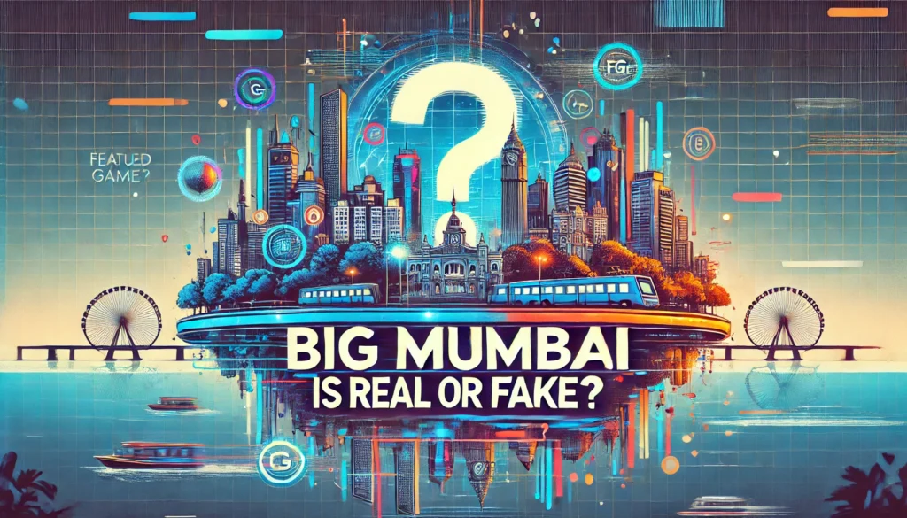 A horizontal image for an article titled "Big Mumbai Game is Real or Fake?" showing a vibrant Mumbai cityscape with futuristic gaming elements like a holographic interface floating over the skyline. The text is displayed prominently in bold typography.